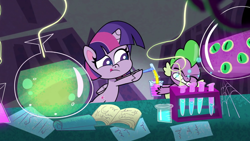 Size: 1280x720 | Tagged: safe, imported from derpibooru, screencap, spike, twilight sparkle, alicorn, dragon, pony, my little pony: pony life, :p, chemicals, eyes closed, g4.5, potion, science, theme song, tongue out, twilight sparkle (alicorn)