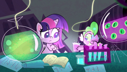 Size: 1280x720 | Tagged: safe, imported from derpibooru, screencap, spike, twilight sparkle, alicorn, dragon, pony, my little pony: pony life, chemicals, g4.5, one eye closed, potion, science, theme song, twilight sparkle (alicorn)