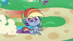 Size: 1280x720 | Tagged: safe, imported from derpibooru, screencap, rainbow dash, pegasus, pony, my little pony: pony life, cute, dashabetes, female, g4.5, happy, looking at you, multicolored hair, outdoors, path, rainbow, rainbow hair, rainbow trail, smiling, smiling at you, solo, theme song