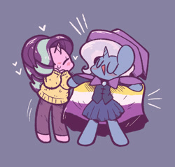 Size: 989x946 | Tagged: safe, artist:support-ponies, artist:typhwosion, imported from derpibooru, starlight glimmer, trixie, semi-anthro, unicorn, cape, clothes, duo, female, gender headcanon, lesbian, nonbinary, nonbinary pride flag, pride, pride flag, shipping, skirt, smiling, startrix, sweater