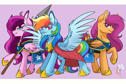 Size: 1500x1000 | Tagged: safe, artist:itstaylor-made, imported from derpibooru, rainbow dash, scootaloo, oc, oc:pepperberry, pony, armor, clothes, spear, two toned wings, weapon, wings