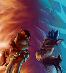 Size: 1280x1423 | Tagged: safe, artist:rocket-lawnchair, imported from derpibooru, autumn blaze, velvet reindeer, deer, kirin, reindeer, them's fightin' herds, chest fluff, community related, competition, female, fire, ice, squint, velvet (tfh)