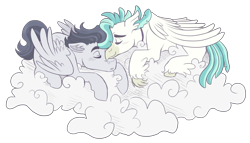 Size: 3500x2000 | Tagged: safe, artist:kikirdcz, imported from derpibooru, rumble, terramar, classical hippogriff, hippogriff, pegasus, pony, cloud, commission, eyes closed, gay, male, older, rumblemar, shipping, simple background, sleeping, stallion, transparent background
