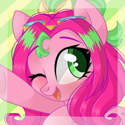 Size: 2048x2048 | Tagged: safe, artist:cinnamontee, imported from derpibooru, oc, oc only, oc:precious metal, pony, blushing, bust, female, mare, not pinkie pie, one eye closed, open mouth, portrait, solo, wink