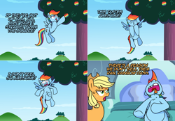 Size: 2154x1502 | Tagged: safe, artist:ladyanidraws, imported from derpibooru, applejack, rainbow dash, earth pony, pegasus, pony, ask pun, apple, apple tree, ask, bed, cross-popping veins, drool, food, indigestion, lying down, on back, on bed, open mouth, rainbow dumb, stomach growl, stomach noise, tongue out, tooth gap, tree, zap apple, zap apple tree