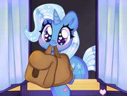Size: 4000x3000 | Tagged: safe, artist:bunxl, imported from derpibooru, trixie, pony, unicorn, to where and back again, bag, big eyes, blushing, bunxl is trying to murder us, cute, diatrixes, female, happy, heart eyes, hnnng, horn, mare, mouth hold, nom, saddle bag, scene interpretation, solo, starry eyes, to saddlebags and back again, trixie's wagon, weapons-grade cute, wingding eyes