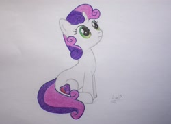 Size: 2560x1856 | Tagged: safe, artist:axelp, imported from derpibooru, sweetie belle, pony, unicorn, simple background, sitting, solo, traditional art, white background