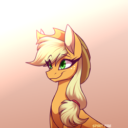 Size: 2300x2300 | Tagged: safe, artist:celes-969, artist:spirit-fire360, imported from derpibooru, applejack, earth pony, pony, applejack's hat, colored pinnae, cowboy hat, eye clipping through hair, freckles, gradient background, hat, simple background, smiling, solo