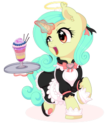 Size: 1600x1855 | Tagged: safe, artist:musicfirewind, artist:wavecipher, imported from derpibooru, oc, oc only, oc:seven sister, pony, clothes, heart, heart eyes, maid, milkshake, serving tray, simple background, solo, starry eyes, transparent background, wingding eyes