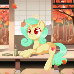 Size: 1600x1600 | Tagged: safe, artist:musicfirewind, artist:wavecipher, imported from derpibooru, oc, oc only, oc:seven sister, pony, unicorn, candle, cookie, food, leaves, solo, tree