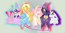 Size: 1280x663 | Tagged: safe, artist:xanonymousmxrcyx, imported from derpibooru, applejack, fluttershy, pinkie pie, rainbow dash, rarity, starlight glimmer, twilight sparkle, alicorn, pony, alternate design, mane six, twilight sparkle (alicorn)