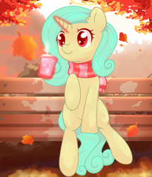 Size: 1600x1861 | Tagged: safe, artist:musicfirewind, artist:wavecipher, imported from derpibooru, oc, oc only, oc:seven sister, pony, unicorn, autumn, bench, clothes, drink, leaves, magic, scarf, sitting, solo, striped scarf, telekinesis