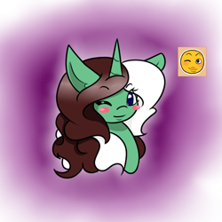 Size: 700x700 | Tagged: safe, artist:kaggy009, imported from derpibooru, oc, oc only, oc:peppermint pattie (unicorn), pony, ask peppermint pattie, emoji, one eye closed, solo, wink