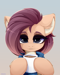 Size: 4000x5000 | Tagged: safe, artist:xsatanielx, imported from derpibooru, oc, pony, coffee mug, female, gradient background, looking at you, mare, mug, rcf community