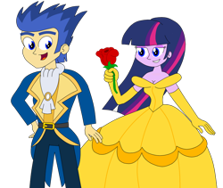 Size: 1024x863 | Tagged: safe, artist:rarity525, imported from derpibooru, flash sentry, twilight sparkle, equestria girls, beauty and the beast, belle, clothes, disney, dress, female, flashlight, flower, gloves, gown, male, prince adam, rose, shipping, simple background, straight, transparent background