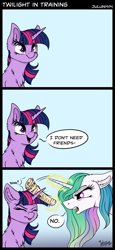 Size: 2414x5266 | Tagged: safe, artist:julunis14, imported from derpibooru, princess celestia, twilight sparkle, alicorn, pony, unicorn, :p, blasphemy, bonk, cheek fluff, chest fluff, comic, dialogue, ear fluff, eyes closed, female, floppy ears, frown, glare, glowing, glowing horn, heresy, horn, looking up, magic, magic aura, mare, missing accessory, newspaper, no, open mouth, shoulder fluff, silly, silly pony, simple background, sitting, smiling, speech bubble, telekinesis, tongue out, unicorn twilight