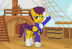 Size: 1200x809 | Tagged: safe, artist:jennieoo, imported from derpibooru, oc, oc only, oc:yellow jack, pegasus, pony, clothes, ocean, salute, ship, show accurate, solo, spear, sword, uniform, weapon