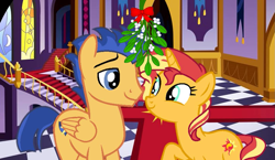 Size: 1173x681 | Tagged: safe, artist:3d4d, artist:lis19jsjs, edit, imported from derpibooru, flash sentry, sunset shimmer, unicorn, female, flashimmer, male, mistletoe, shipping, straight