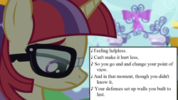 Size: 1280x720 | Tagged: safe, edit, edited screencap, imported from derpibooru, screencap, moondancer, pony, amending fences, canterlot, glasses, lyrics, party decorations, sad, solo, song reference, text, the seeds of the past