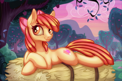 Size: 3000x2000 | Tagged: safe, artist:eltaile, imported from derpibooru, apple bloom, earth pony, pony, apple, apple orchard, bow, cute, draw me like one of your french girls, female, food, hay, hay bale, lying, lying down, mare, older, older apple bloom, orchard, outdoors, prone, scenery, smiling, solo, sweet apple acres, tree