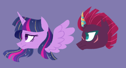 Size: 852x459 | Tagged: dead source, safe, alternate version, artist:yaaaco, artist:yaco, imported from derpibooru, tempest shadow, twilight sparkle, alicorn, pony, unicorn, bust, eye scar, female, horn, lesbian, mare, prosthetic horn, prosthetics, purple background, scar, shipping, simple background, tempest gets her horn back, tempestlight, twilight sparkle (alicorn)