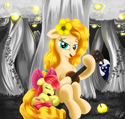 Size: 1133x1080 | Tagged: safe, artist:jphyperx, imported from derpibooru, apple bloom, ivy, pear butter, earth pony, ghost, pony, undead, fanfic:apple moon, apple, apple tree, dream, fanfic art, female, flower, food, golden apple, guitar, ivy (plant), mother and child, mother and daughter, musical instrument, singing, sleeping, tree