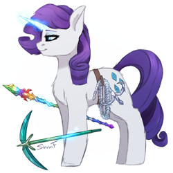 Size: 2480x2480 | Tagged: safe, artist:flysouldragon, artist:sinrinf, imported from derpibooru, rarity, pony, crossover, glowing horn, hook, horn, pickaxe, rainbow, rod, solo, terraria, video game