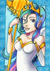 Size: 600x848 | Tagged: safe, artist:bracinghope, imported from derpibooru, princess celestia, human, 2012, armband, beautiful, blue background, bracelet, crown, humanized, jewelry, jewlery, looking at you, regalia, simple background, solo, staff, sun