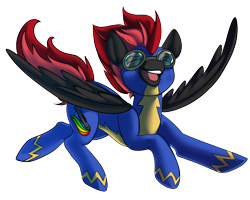 Size: 2696x2160 | Tagged: safe, artist:brainiac, derpibooru exclusive, imported from derpibooru, oc, oc only, oc:cinder blaze, pegasus, pony, clothes, flying, goggles, simple background, solo, transparent background, uniform, wings, wonderbolts uniform