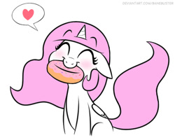 Size: 541x433 | Tagged: safe, artist:banebuster, imported from derpibooru, princess celestia, alicorn, pony, series:tiny tia, blushing, cewestia, cute, cutelestia, donut, eyes closed, female, filly, floppy ears, food, mouth hold, pink-mane celestia, simple background, solo, speech bubble, white background, younger