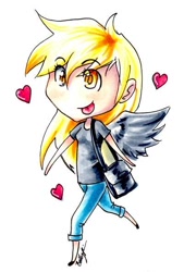 Size: 400x592 | Tagged: safe, artist:bettypimm, artist:bracinghope, imported from derpibooru, derpy hooves, human, :p, bag, chibi, cute, derpabetes, heart, humanized, silly, simple background, solo, tongue out, white background, winged humanization, wings