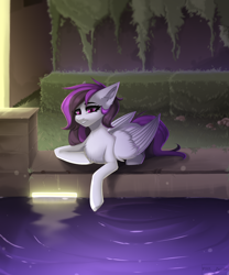 Size: 2000x2400 | Tagged: safe, artist:villjulie, imported from derpibooru, oc, oc only, pegasus, pony, bush, lamp, purple eyes, solo, swimming pool, water