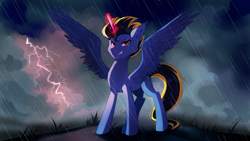 Size: 1500x844 | Tagged: safe, artist:skyeypony, imported from derpibooru, oc, oc only, alicorn, pony, alicorn oc, glowing horn, horn, lightning, rain, solo, storm, wings
