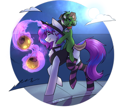 Size: 3089x2752 | Tagged: safe, artist:earthpone, imported from derpibooru, oc, oc only, oc:starline moongazer, pony, unicorn, candy, clothes, dressup, food, halloween, hat, holiday, moon, night, pumpkin, pumpkin bucket, simple background, socks, striped socks, transparent background, witch hat