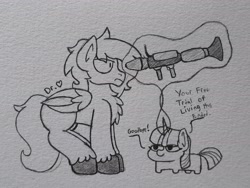 Size: 2739x2055 | Tagged: safe, artist:drheartdoodles, imported from derpibooru, twilight sparkle, oc, oc:dr.heart, clydesdale, pegasus, pony, unicorn, chest fluff, levitation, magic, monochrome, rocket launcher, squatpony, telekinesis, this will end in death, traditional art, twiggie