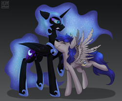 Size: 1634x1349 | Tagged: safe, artist:alicetriestodraw, imported from derpibooru, nightmare moon, oc, oc:shatter wind, alicorn, bat pony, pony, damaged wings, fangs, full body, fullbody, happy, nuzzling, simple background, spread wings, stars, wings