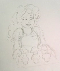 Size: 1731x2048 | Tagged: safe, artist:andressuperhell, artist:smol_andriusha, imported from derpibooru, pinkie pie, human, apron, bust, clothes, cupcake, female, food, gloves, humanized, lineart, one eye closed, smiling, solo, traditional art, wink