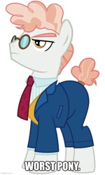 Size: 500x833 | Tagged: safe, artist:cheezedoodle96, edit, imported from derpibooru, svengallop, earth pony, pony, the mane attraction, caption, clothes, glasses, image macro, imgflip, male, necktie, shirt, simple background, solo, stallion, suit, tail wrap, text, white background, worst pony