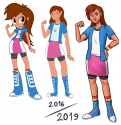 Size: 1982x2048 | Tagged: safe, artist:andressuperhell, artist:smol_andriusha, imported from derpibooru, rainbow dash, human, equestria girls, boots, bracelet, brown eyes, brown hair, clothes, confident, female, flexing, happy, high heel boots, jewelry, rainbow socks, rubber boots, shoes, shorts, shorts under skirt, simple background, skirt, smiling, socks, solo, solo female, striped socks, tomboy, white background, wristband