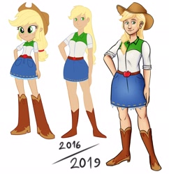 Size: 1982x2048 | Tagged: safe, artist:andressuperhell, artist:smol_andriusha, imported from derpibooru, applejack, human, equestria girls, boots, clothes, cowboy boots, eyelashes, female, freckles, hand on hip, hat, high heel boots, human coloration, rubber boots, shoes, simple background, skirt, smiling, white background