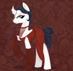 Size: 900x878 | Tagged: safe, artist:askmerriweatherauthor, imported from derpibooru, oc, oc only, oc:china saucer, pony, unicorn, clothes, dress, female, mare, solo