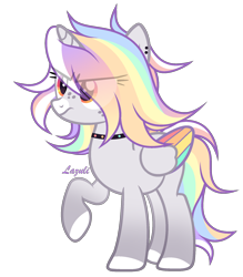 Size: 1620x1851 | Tagged: safe, artist:lazuli, artist:mint-light, imported from derpibooru, oc, oc only, pegasus, pony, choker, colored hooves, commission, eye clipping through hair, freckles, frown, multicolored hair, pegasus oc, rainbow hair, signature, simple background, solo, transparent background, wings, ych result