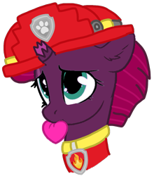 Size: 905x1028 | Tagged: safe, artist:徐詩珮, imported from derpibooru, fizzlepop berrytwist, tempest shadow, pony, series:sprglitemplight diary, series:sprglitemplight life jacket days, series:springshadowdrops diary, series:springshadowdrops life jacket days, alternate universe, clothes, cute, female, heart, marshall (paw patrol), paw patrol, simple background, solo, tempestbetes, transparent background