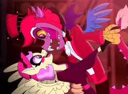 Size: 1024x752 | Tagged: safe, artist:faitheverlasting, imported from derpibooru, discord, fluttershy, anthro, draconequus, pegasus, alastor, charlastor, charlie morningstar, crossover, discoshy, female, hazbin hotel, male, radio demon, shipping, straight