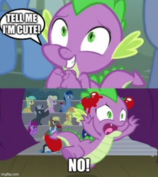 Size: 500x560 | Tagged: safe, alternate version, edit, edited screencap, imported from derpibooru, screencap, spike, dragon, horse play, it ain't easy being breezies, abuse, denied, food, i can't believe it's not useraccount, imgflip, male, meme, op is a duck, op is a spike hater, op is trying to start shit, op isn't even trying anymore, spikeabuse, spikeposting, tomato, tomatoes