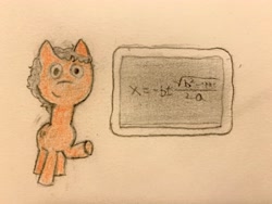 Size: 4032x3024 | Tagged: safe, artist:nbj, derpibooru exclusive, imported from derpibooru, oc, oc:redundant proof, earth pony, pony, chalkboard, disguise, disguised changeling, earth pony oc, facing you, looking at you, math, quadratic formula, solo, traditional art