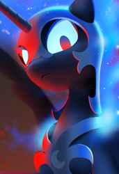 Size: 546x799 | Tagged: safe, artist:dawnfire, nightmare moon, alicorn, pony, armor, ethereal mane, female, helmet, horn, looking at you, looking down, looking down at you, mare, peytral, solo, sparkly mane