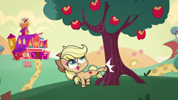 Size: 1280x720 | Tagged: safe, imported from derpibooru, screencap, applejack, earth pony, pony, my little pony: pony life, :p, apple, cute, food, jackabetes, kicking, looking up, sweet apple acres, theme song, tongue out, tree