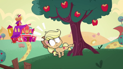 Size: 1280x720 | Tagged: safe, imported from derpibooru, screencap, applejack, earth pony, pony, my little pony: pony life, apple, food, looking up, sweet apple acres, theme song, tree, wide eyes