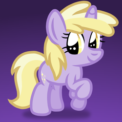Size: 768x768 | Tagged: safe, artist:apronspawn, dinky hooves, pony, unicorn, cute, cutie mark, dinkabetes, female, filly, hooves, purple background, simple background, smiling, sparkles